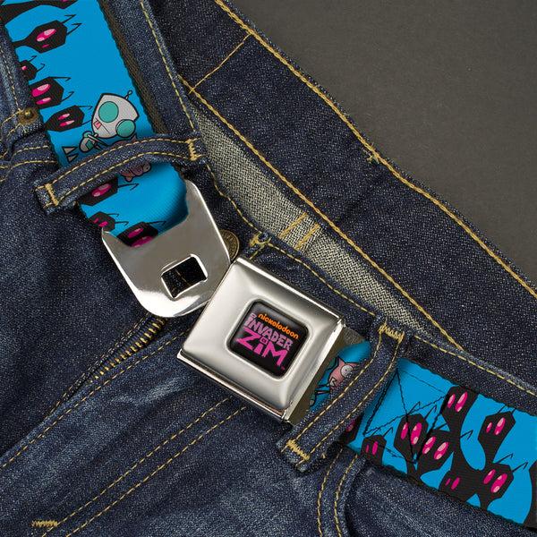 Buckle Down INVADER ZIM Title Logo Full Color Pink/Green Seatbelt Belt - Invader Zim GIR And Piggy Rule The World Poses Blue Webbing