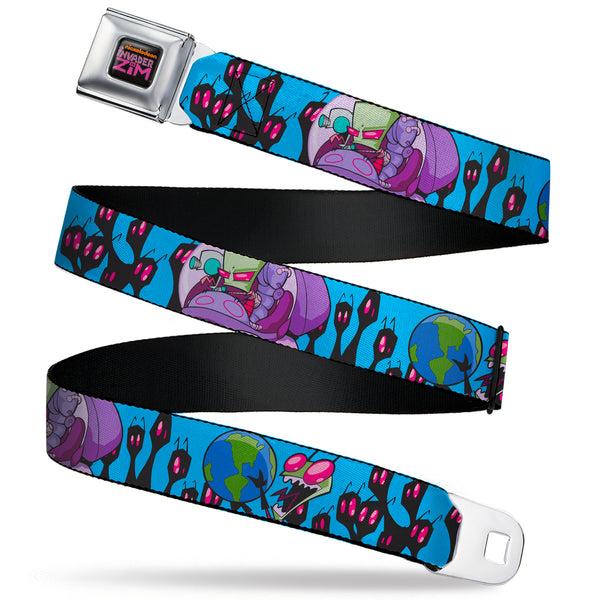 buckle down INVADER ZIM Title Logo Full Color Pink/Green Seatbelt Belt - Invader Zim GIR and Piggy Rule the World Poses Blue Webbing