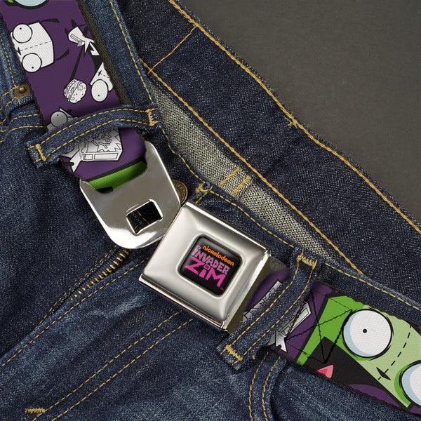 Buckle Down INVADER ZIM Title Logo Full Color Pink/Green Seatbelt Belt - Invader Zim GIR Poses And Sketch Purple Webbing