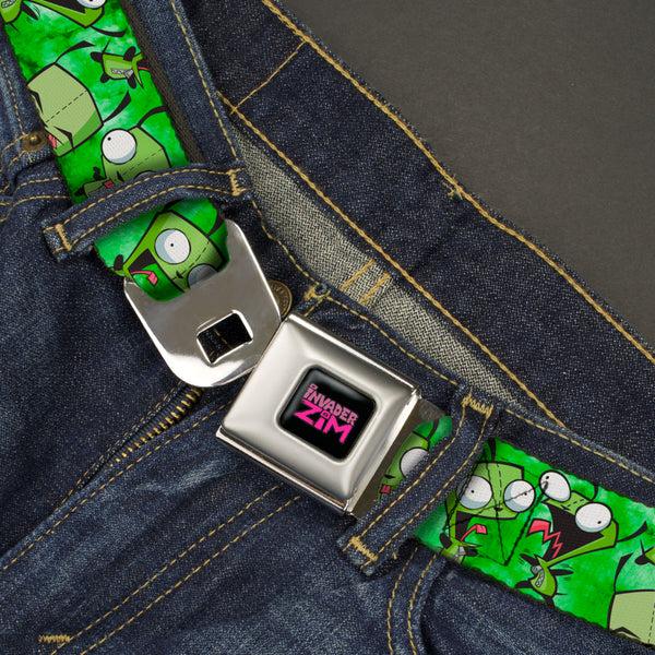 Buckle Down INVADER ZIM Title Logo Full Color Pink/Green Seatbelt Belt - Invader Zim GIR Poses Tie Dye Greens Webbing