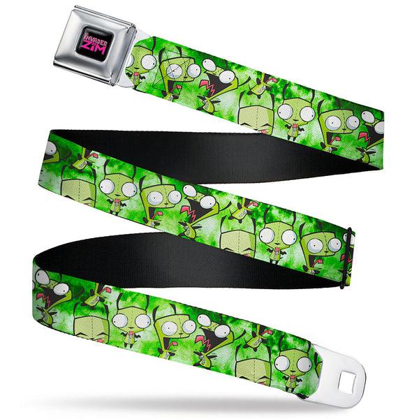 buckle down INVADER ZIM Title Logo Full Color Pink/Green Seatbelt Belt - Invader Zim GIR Poses Tie Dye Greens Webbing