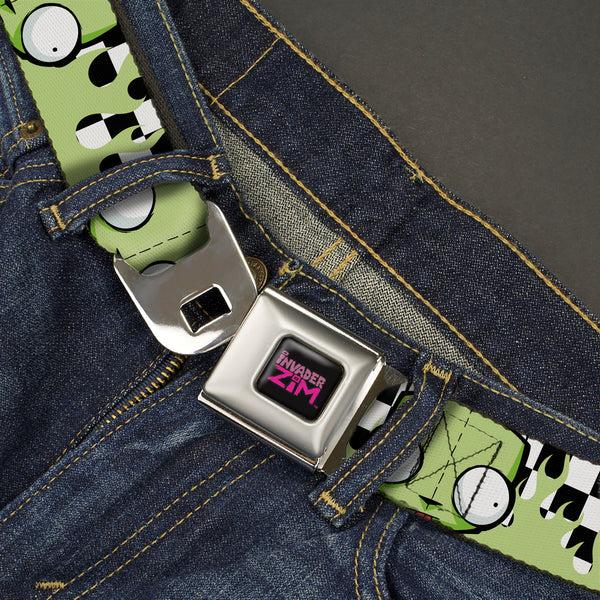 Buckle Down INVADER ZIM Title Logo Full Color Pink/Green Seatbelt Belt - Invader Zim GIR Face And Checker Flames Black/White/Green Webbing