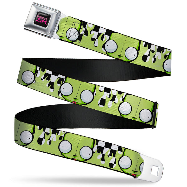 buckle down INVADER ZIM Title Logo Full Color Pink/Green Seatbelt Belt - Invader Zim GIR Face and Checker Flames Black/White/Green Webbing