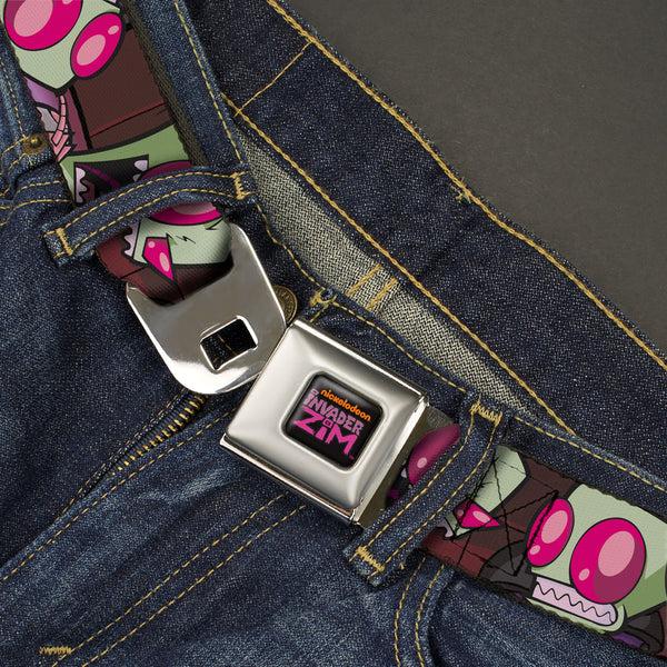 Buckle Down INVADER ZIM Title Logo Full Color Pink/Green Seatbelt Belt - Invader Zim Close-Up Poses Reds Webbing