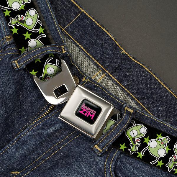 Buckle Down INVADER ZIM Title Logo Full Color Pink/Green Seatbelt Belt - Invader Zim GIR Poses And Stars Black/Green Webbing