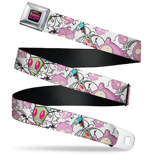 buckle down INVADER ZIM Title Logo Full Color Pink/Green Seatbelt Belt - Invader Zim GIR and Piggy Doddles White/Black Webbing