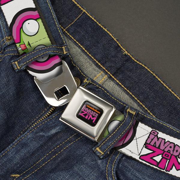 Buckle Down INVADER ZIM Title Logo Full Color Pink/Green Seatbelt Belt - INVADER ZIM Title Logo And GIR Pose Close-Up White/Pinks Webbing