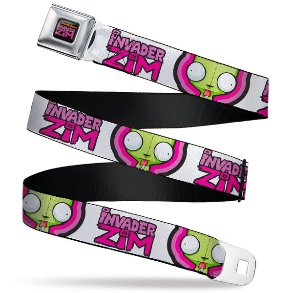buckle down INVADER ZIM Title Logo Full Color Pink/Green Seatbelt Belt - INVADER ZIM Title Logo and GIR Pose Close-Up White/Pinks Webbing