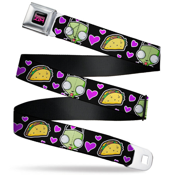 buckle down INVADER ZIM Title Logo Full Color Pink/Green Seatbelt Belt - Invader Zim GIR and Tacos Heart Collage Black Webbing