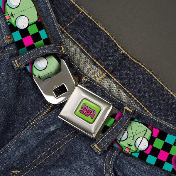 Buckle Down IVADER ZIM Title Logo Full Color Green/Pinks Seatbelt Belt - Invader Zim GIR Face Checker Black/Multi Neon Webbing