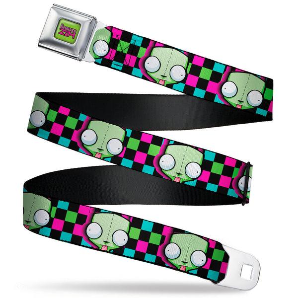 buckle down IVADER ZIM Title Logo Full Color Green/Pinks Seatbelt Belt - Invader Zim GIR Face Checker Black/Multi Neon Webbing