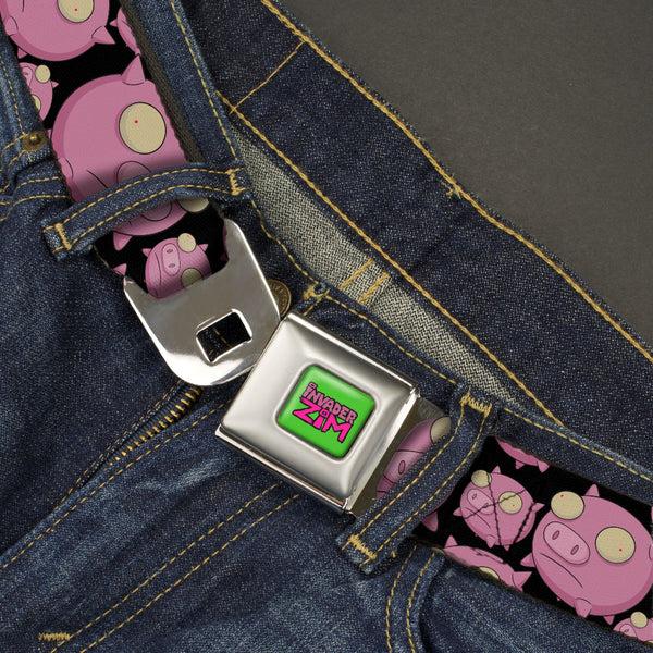 Buckle Down IVADER ZIM Title Logo Green/Pinks Seatbelt Belt - Invader Zim Pigs Scattered Black/Pinks Webbing
