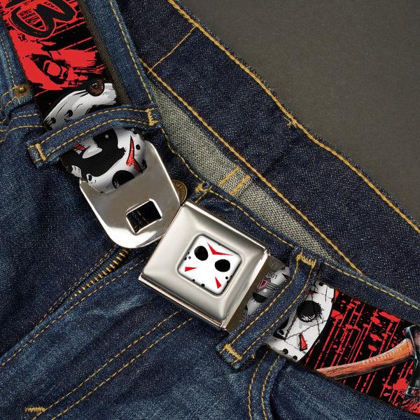 Buckle Down Jason Mask CLOSE-UP Full Color Black/White/Red Seatbelt Belt - FRIDAY THE 13th/Jason Mask4/Axe Blood Splatter Black/Red/White Webbing