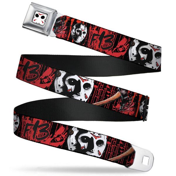 Buckle Down Jason Mask CLOSE-UP Full Color Black/White/Red Seatbelt Belt - FRIDAY THE 13th/Jason Mask4/Axe Blood Splatter Black/Red/White Webbing