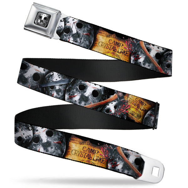 buckle down Jason Mask2 CLOSE-UP Full Color Black/Grays Seatbelt Belt - FRIDAY THE 13th/WELCOME TO CAMP CRYSTAL LAKE/Jason Mask3 Stacked/Axe Webbing