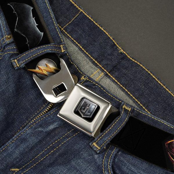 Buckle Down JL 2017 Badge Full Color Black Grays Seatbelt Belt - Justice League 2017 6-Superhero Icons Black Webbing