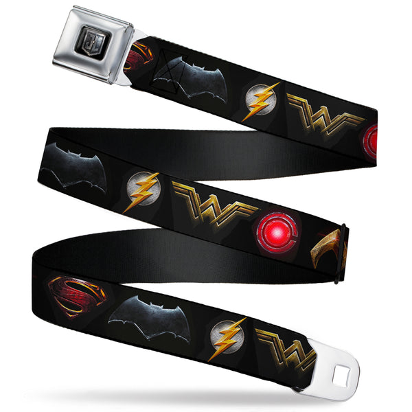buckle down JL 2017 Badge Full Color Black Grays Seatbelt Belt - Justice League 2017 6-Superhero Icons Black Webbing