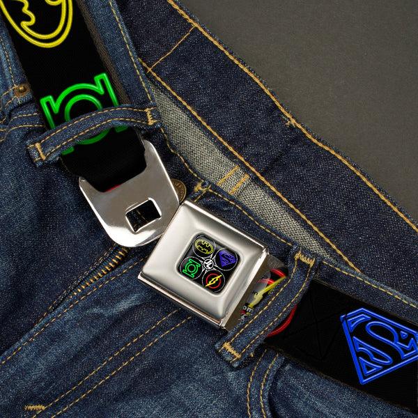 Buckle Down JL-Batman Superman Green Lantern Flash Electric Logos Full Color Black White Multi Neon Seatbelt Belt - Justice League Electric Logos Black/Multi Neon Webbing
