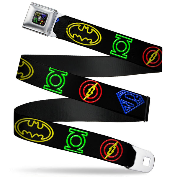 buckle down JL-Batman Superman Green Lantern Flash Electric Logos Full Color Black White Multi Neon Seatbelt Belt - Justice League Electric Logos Black/Multi Neon Webbing