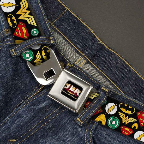 Buckle Down JLA-JUSTICE LEAGUE OF AMERICA Logo Full Color Black Gold Red Seatbelt Belt - Justice League 6-Superhero Logos Collage Black Webbing