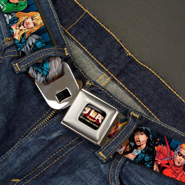 Buckle Down JLA-JUSTICE LEAGUE OF AMERICA Logo Full Color Black Gold Red Seatbelt Belt - Justice League New 52 14-Superheroes Group Pose Webbing