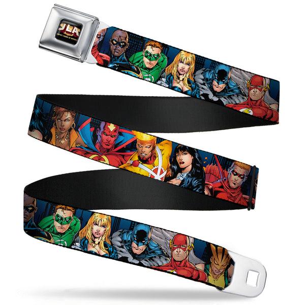 buckle down JLA-JUSTICE LEAGUE OF AMERICA Logo Full Color Black Gold Red Seatbelt Belt - Justice League New 52 14-Superheroes Group Pose Webbing