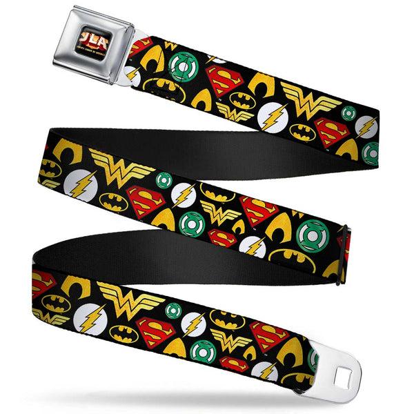 buckle down JLA-JUSTICE LEAGUE OF AMERICA Logo Full Color Black Gold Red Seatbelt Belt - Justice League 6-Superhero Logos Collage Black Webbing