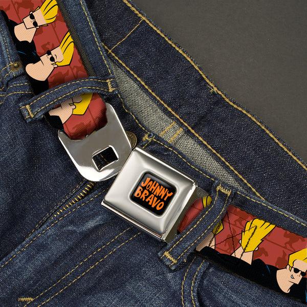 Buckle Down JOHNNY BRAVO Title Logo Full Color Black/Red Seatbelt Belt - Johnny Bravo Pose Turns Browns Webbing