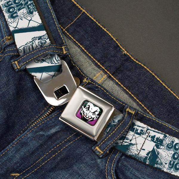 Buckle Down Joker Face Full Color Seatbelt Belt - Joker Spray Painted/Street Pose JOKES ON YOU White/Grays Webbing