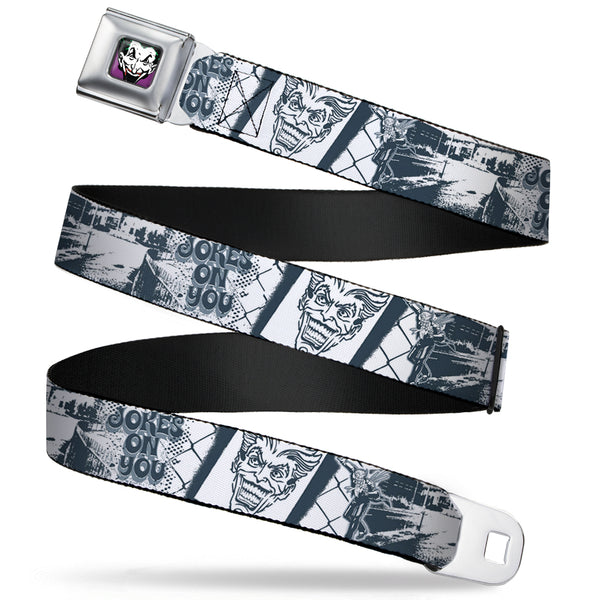 buckle down Joker Face Full Color Seatbelt Belt - Joker Spray Painted/Street Pose JOKES ON YOU White/Grays Webbing