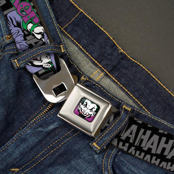 Buckle Down Joker Face Full Color Seatbelt Belt - The Joker Pose/Cards/HAHAHAHA Black/Gray Webbing