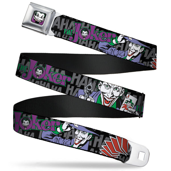 buckle down Joker Face Full Color Seatbelt Belt - The Joker Pose/Cards/HAHAHAHA Black/Gray Webbing