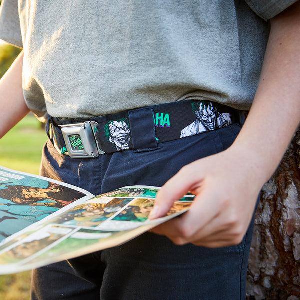 Buckle Down Joker Stare Full Color Black White Grays Green Seatbelt Belt - The Joker 4-Laughing Expressions/Suits/HAHAHA Black/Gray/Greens Webbing
