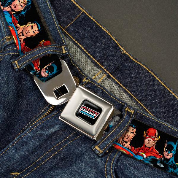 Buckle Down Justice League Of America Black Full Color Seatbelt Belt - Justice League Elite Forces Superheroes Webbing