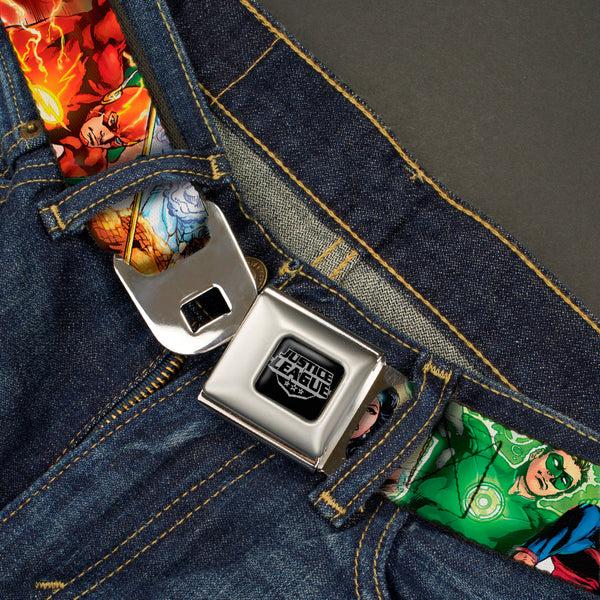 Buckle Down Justice League Of America Reverse Brushed Black Silver Seatbelt Belt - Justice League New 52 Superhero Action Poses Webbing