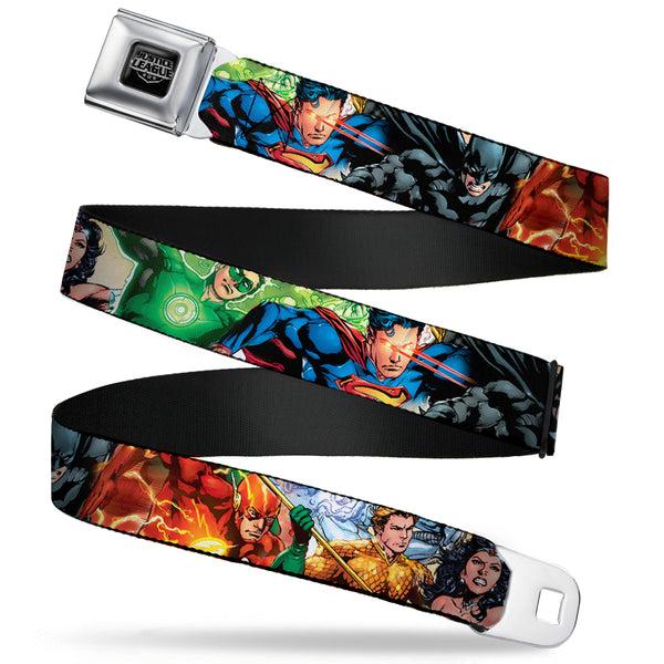buckle down Justice League of America Reverse Brushed Black Silver Seatbelt Belt - Justice League New 52 Superhero Action Poses Webbing