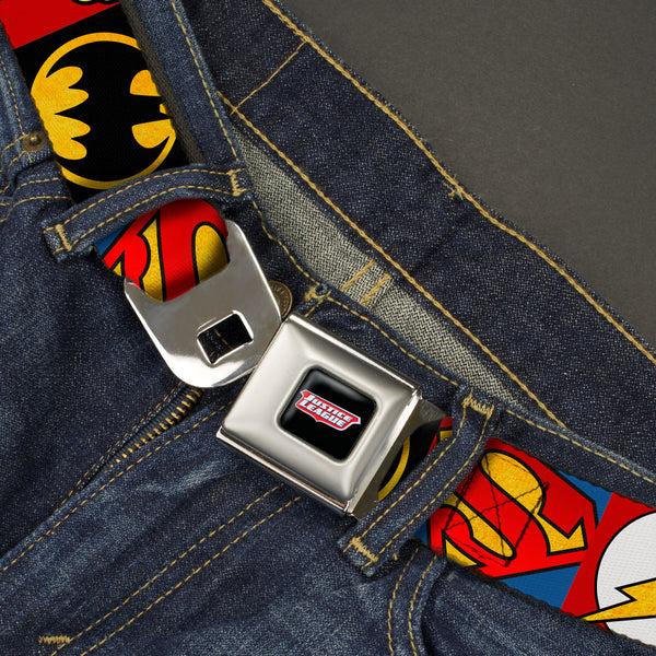 Buckle Down JUSTICE LEAGUE Shield Full Color Black/White/Red Seatbelt Belt - Justice League 5-Superhero Textured Logo CLOSE-UP Blocks Webbing