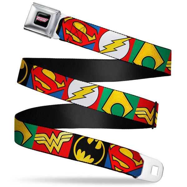 buckle down JUSTICE LEAGUE Shield Full Color Black/White/Red Seatbelt Belt - Justice League 5-Superhero Textured Logo CLOSE-UP Blocks Webbing