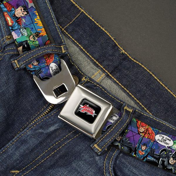 Buckle Down JUSTICE LEAGUE Star Logo Full Color Black Silver-Fade Red Seatbelt Belt - JUSTICE LEAGUE-IT'S TIME FOR JUSTICE 4-Superhero Pose Blocks Collage Purples/Blues Webbing