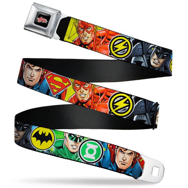 buckle down JUSTICE LEAGUE Star Logo Full Color Black Silver-Fade Red Seatbelt Belt - Justice League 4-Superhero CLOSE-UP Poses/Logos Webbing