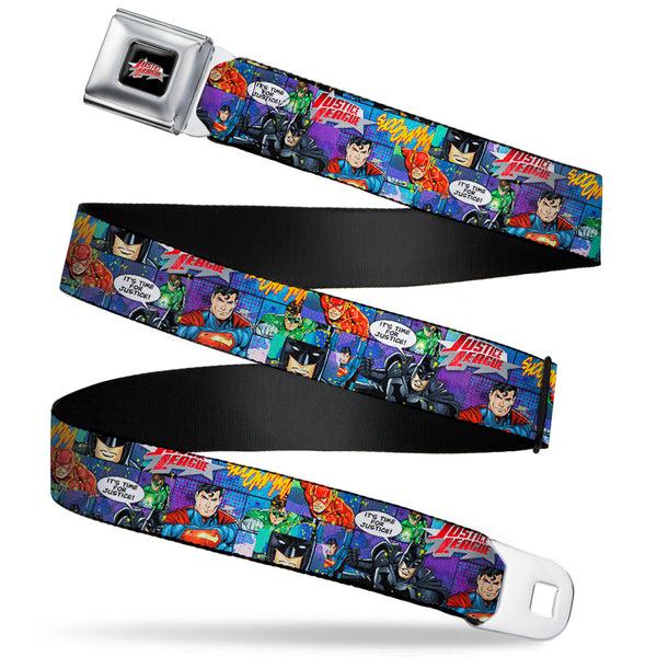 buckle down JUSTICE LEAGUE Star Logo Full Color Black Silver-Fade Red Seatbelt Belt - JUSTICE LEAGUE-IT'S TIME FOR JUSTICE 4-Superhero Pose Blocks Collage Purples/Blues Webbing