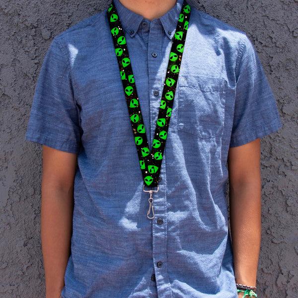 Buckle Down Lanyard - 1.0" - Aliens Head Scattered Galaxy2 Green Black