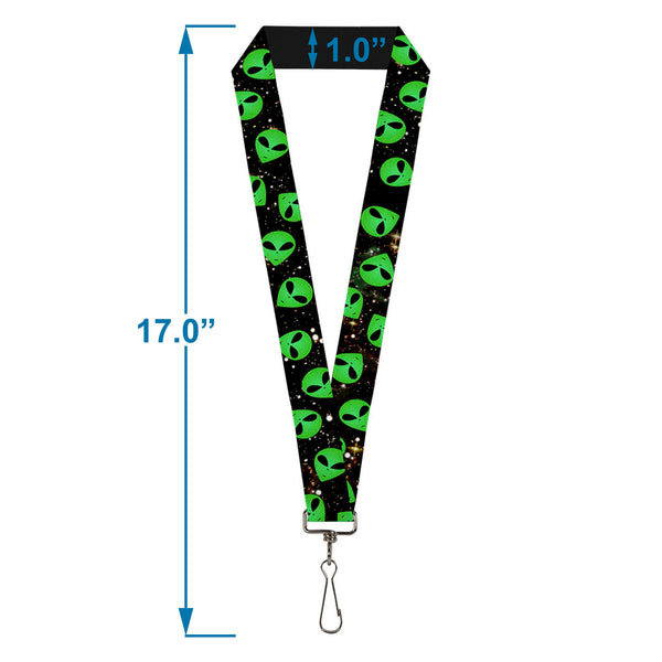 Buckle Down Lanyard - 1.0" - Aliens Head Scattered Galaxy2 Green Black
