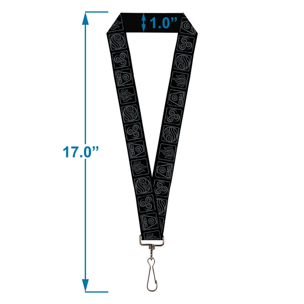 Buckle Down Lanyard - 1.0" - Avatar The Last Airbender Bending Elements Icons Black Gray
