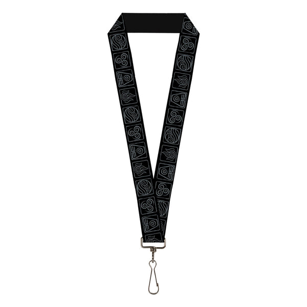 buckle down Lanyard - 1.0" - Avatar the Last Airbender Bending Elements Icons Black Gray