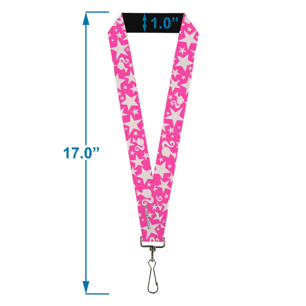 Buckle Down Lanyard - 1.0" - Barbie Ponytail Silhouette And Star Scattered Pink/White