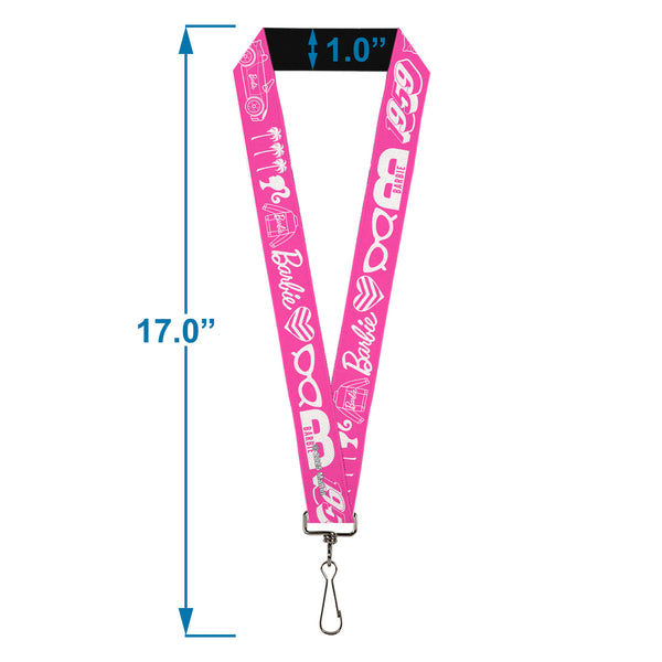 Buckle Down Lanyard - 1.0" - BARBIE Script Signature And Icons Pink/White