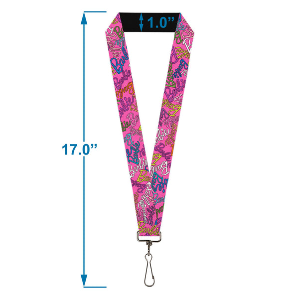 Buckle Down Lanyard - 1.0" - BARBIE Script Signature Scattered Pink/Multi Color