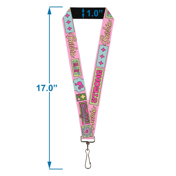 Buckle Down Lanyard - 1.0" - BARBIE SMART BEAUTIFUL STRONG Icons Pink/Multi Color