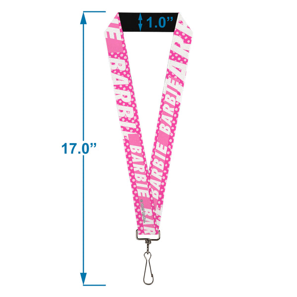 Buckle Down Lanyard - 1.0" - BARBIE Text And Polka Dots Pinks/White